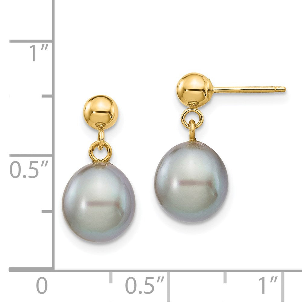 14K Gelbgold 8 9mm Grau Rice Süßwasser Zuchtperle Stecker Ohrhänger
