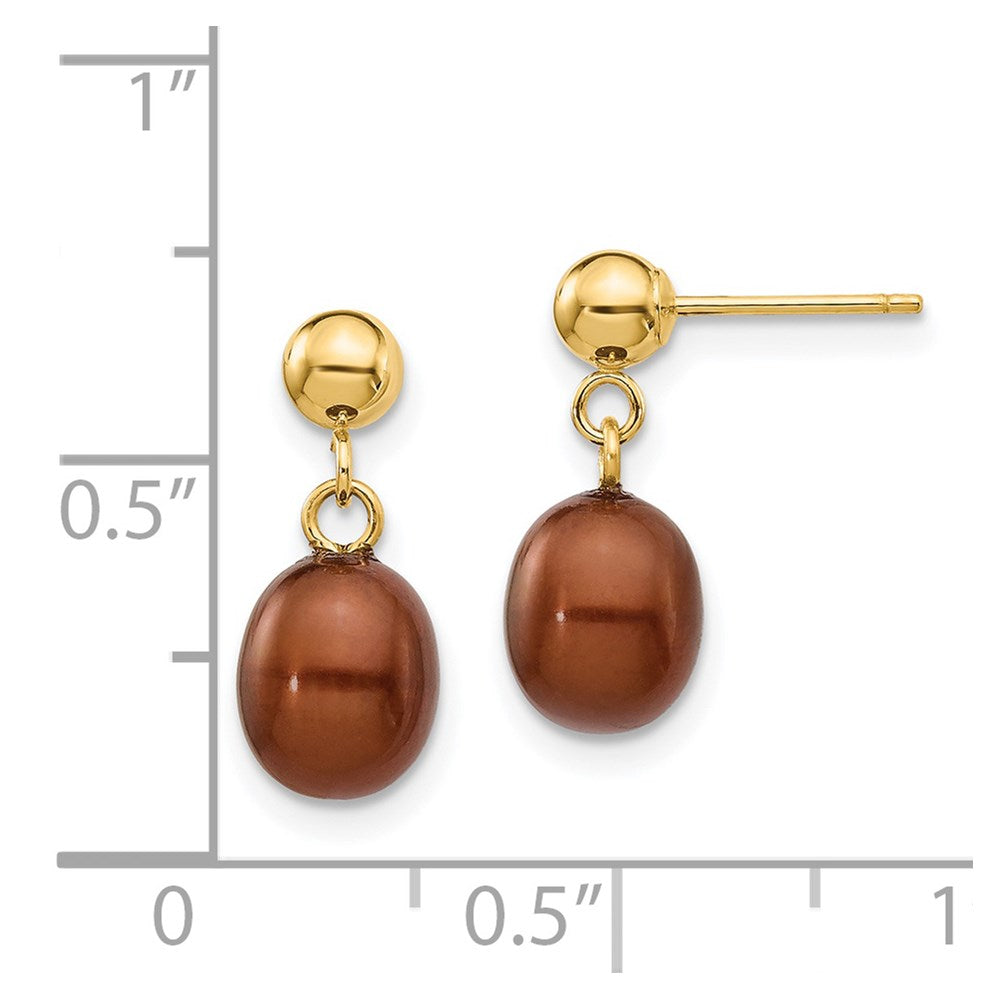 14K Gelbgold 6 7mm Braun Rice Süßwasser Zuchtperle Stecker Ohrhänger