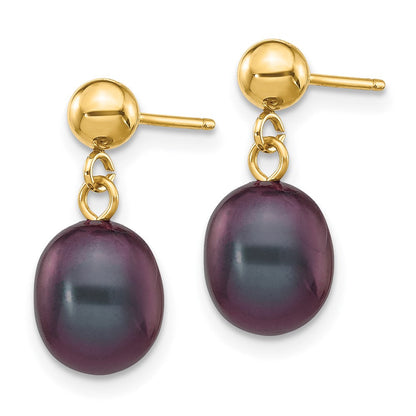 14K Gelbgold 7 8mm Schwarz Rice Süßwasser Zuchtperle Stecker Ohrhänger