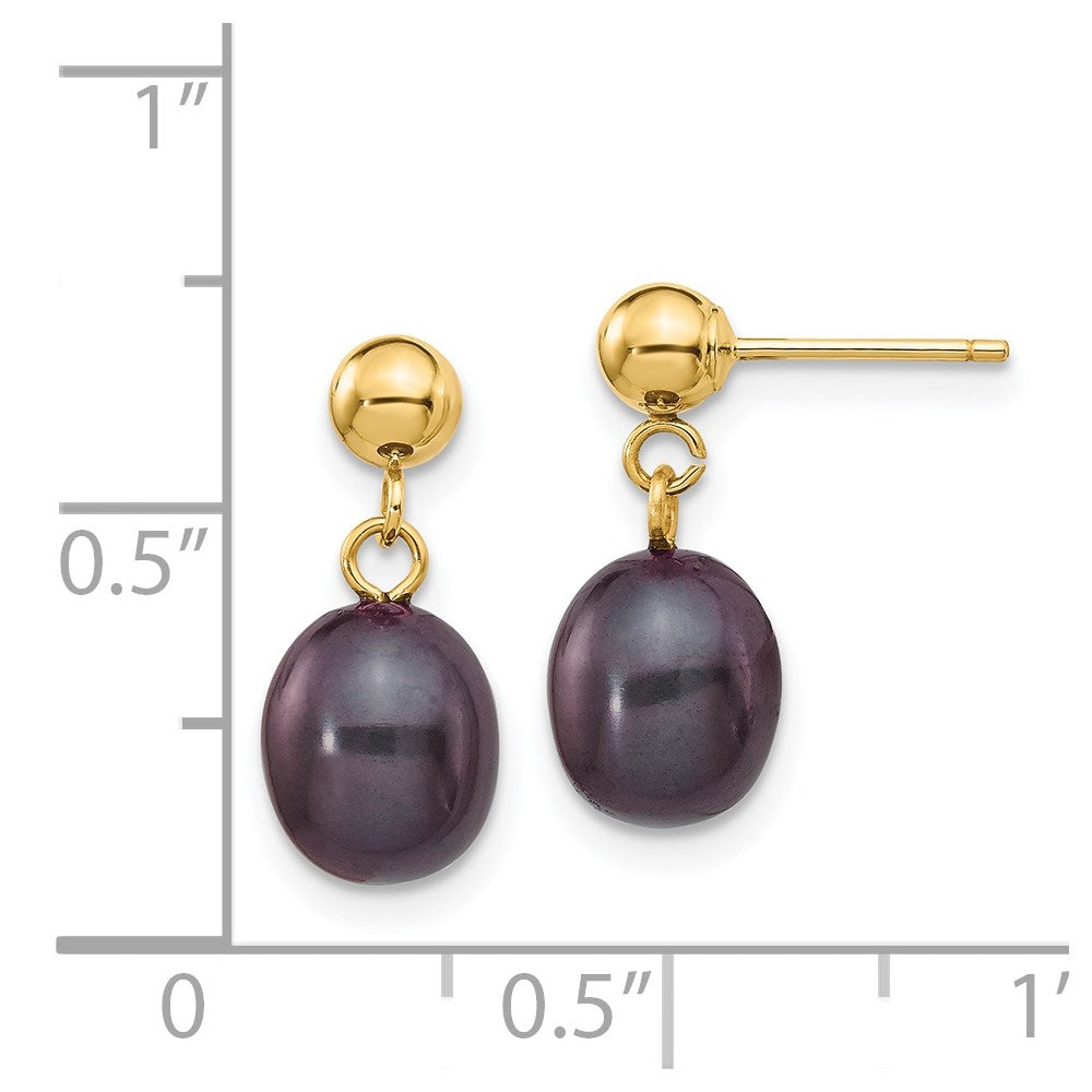 14K Gelbgold 7 8mm Schwarz Rice Süßwasser Zuchtperle Stecker Ohrhänger