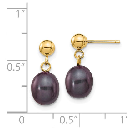 14K Gelbgold 7 8mm Schwarz Rice Süßwasser Zuchtperle Stecker Ohrhänger