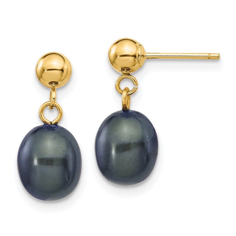 14K Gelbgold 7 8mm Schwarz Rice Süßwasser Zuchtperle Stecker Ohrhänger