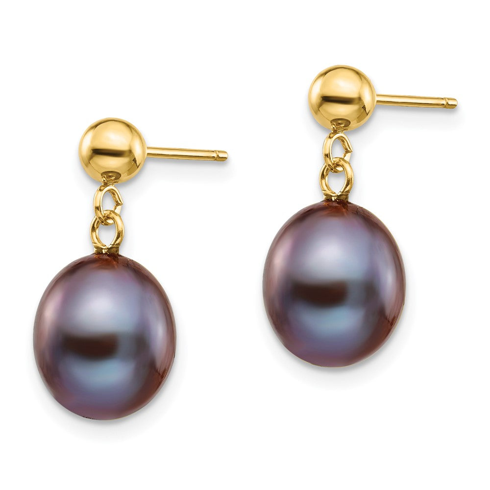 14K Gelbgold 8 9mm Schwarz Rice Süßwasser Zuchtperle Stecker Ohrhänger