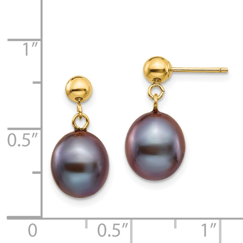 14K Gelbgold 8 9mm Schwarz Rice Süßwasser Zuchtperle Stecker Ohrhänger