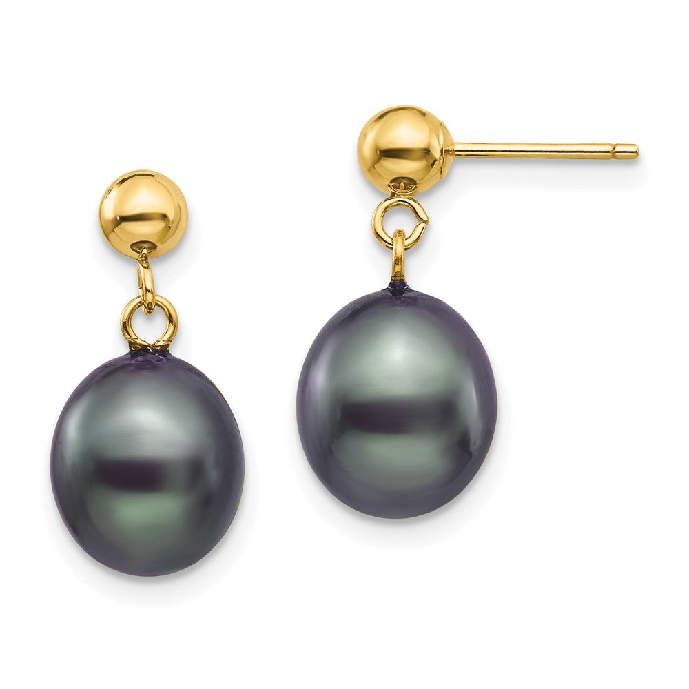 14K Gelbgold 8 9mm Schwarz Rice Süßwasser Zuchtperle Stecker Ohrhänger