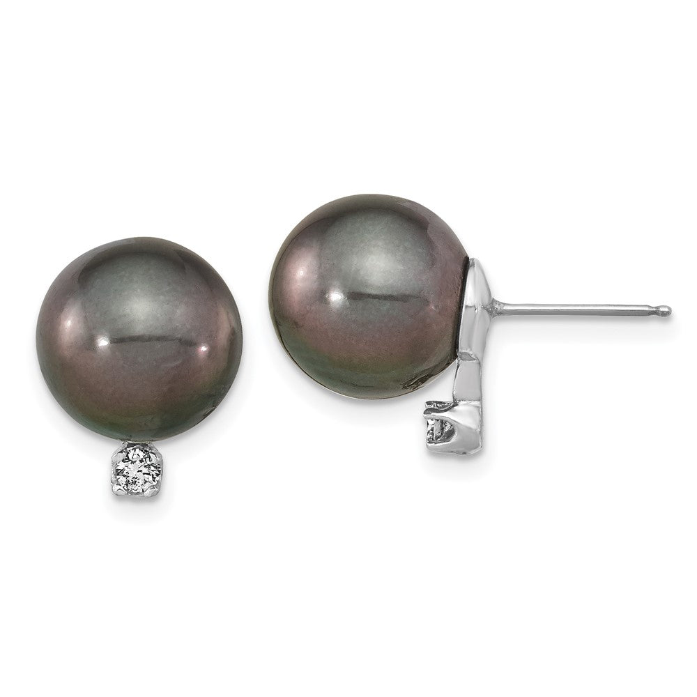 14K Weißgold Ohrstecker mit runder Tahiti-Zuchtperle aus Salzwasser 10-11 mm und 0,10 ct. Diamant