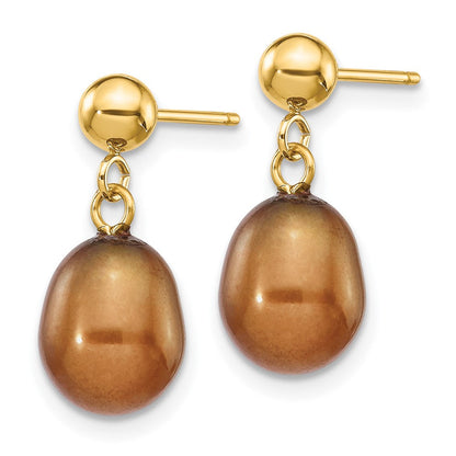 14K Gelbgold 7 8mm Braun Rice Süßwasser Zuchtperle Stecker Ohrhänger