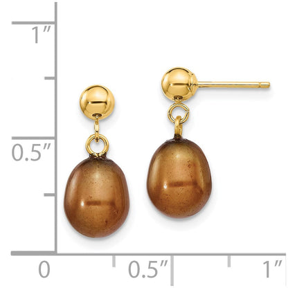 14K Gelbgold 7 8mm Braun Rice Süßwasser Zuchtperle Stecker Ohrhänger