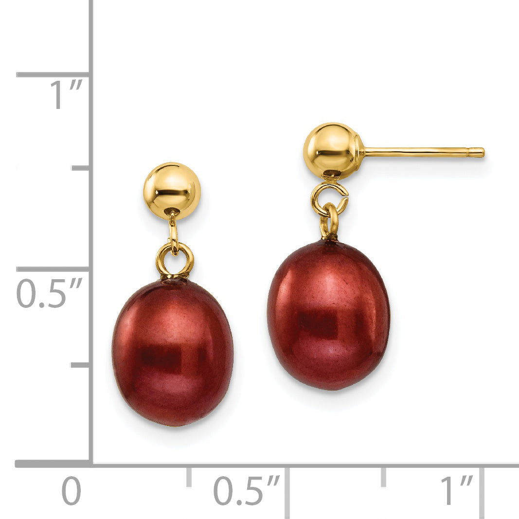 14K Gelbgold 8 9mm Braun Süßwasser Zuchtperle Stecker Ohrhänger