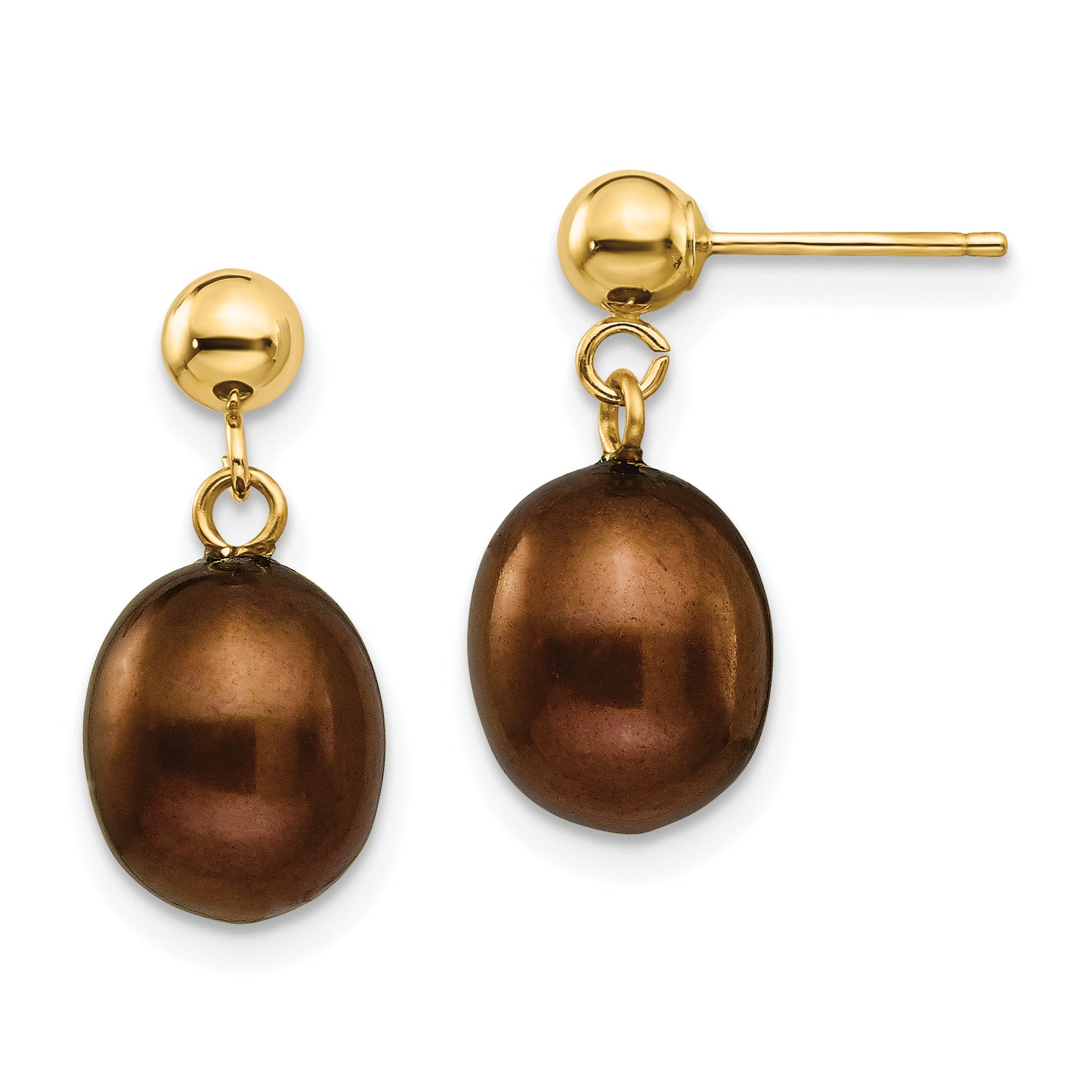 14K Gelbgold 8 9mm Braun Süßwasser Zuchtperle Stecker Ohrhänger