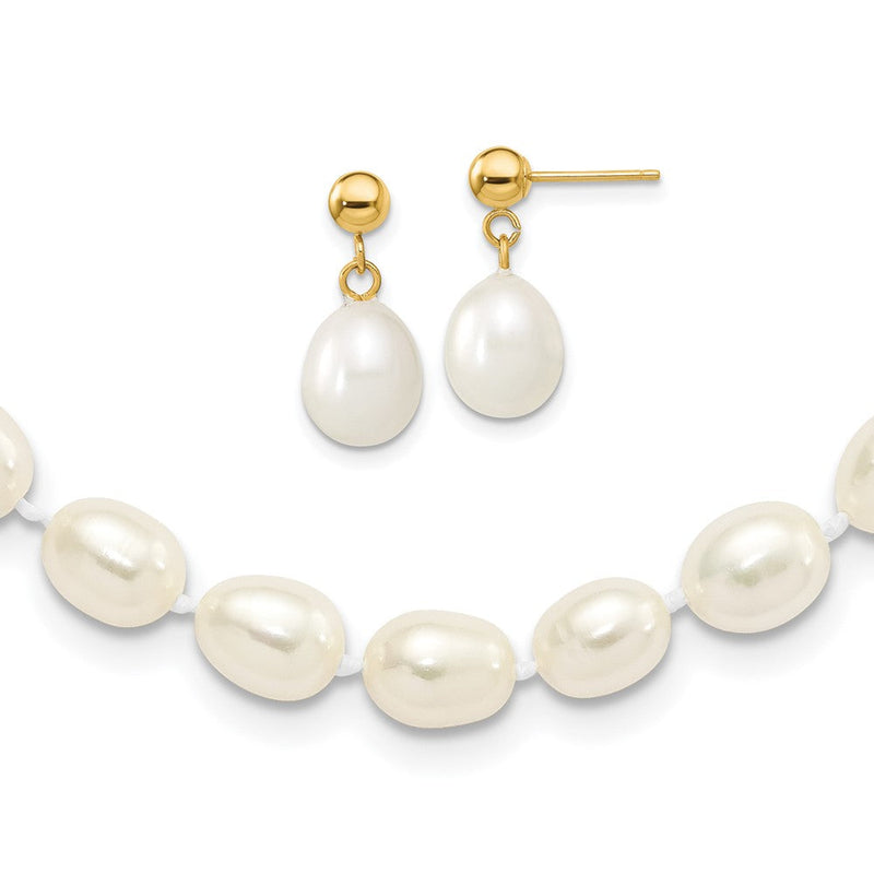 14K Gelbgold 7-8mm Rice Süßwasser Zuchtperle 18 In. Halskette & Stecker Ohrring Set