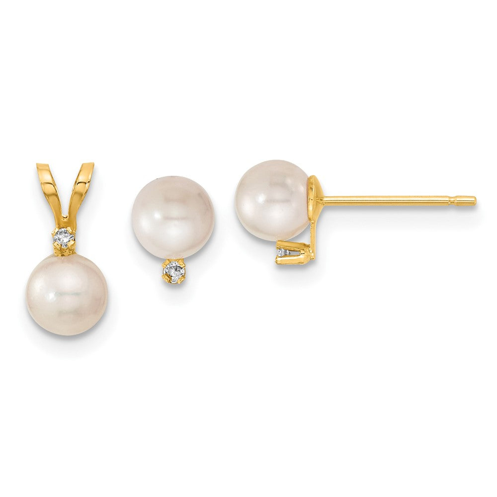 14K Gelbgold Set mit 5–6 mm Akoya-Zuchtperlen, Diamanten, Ohrringen und Anhänger