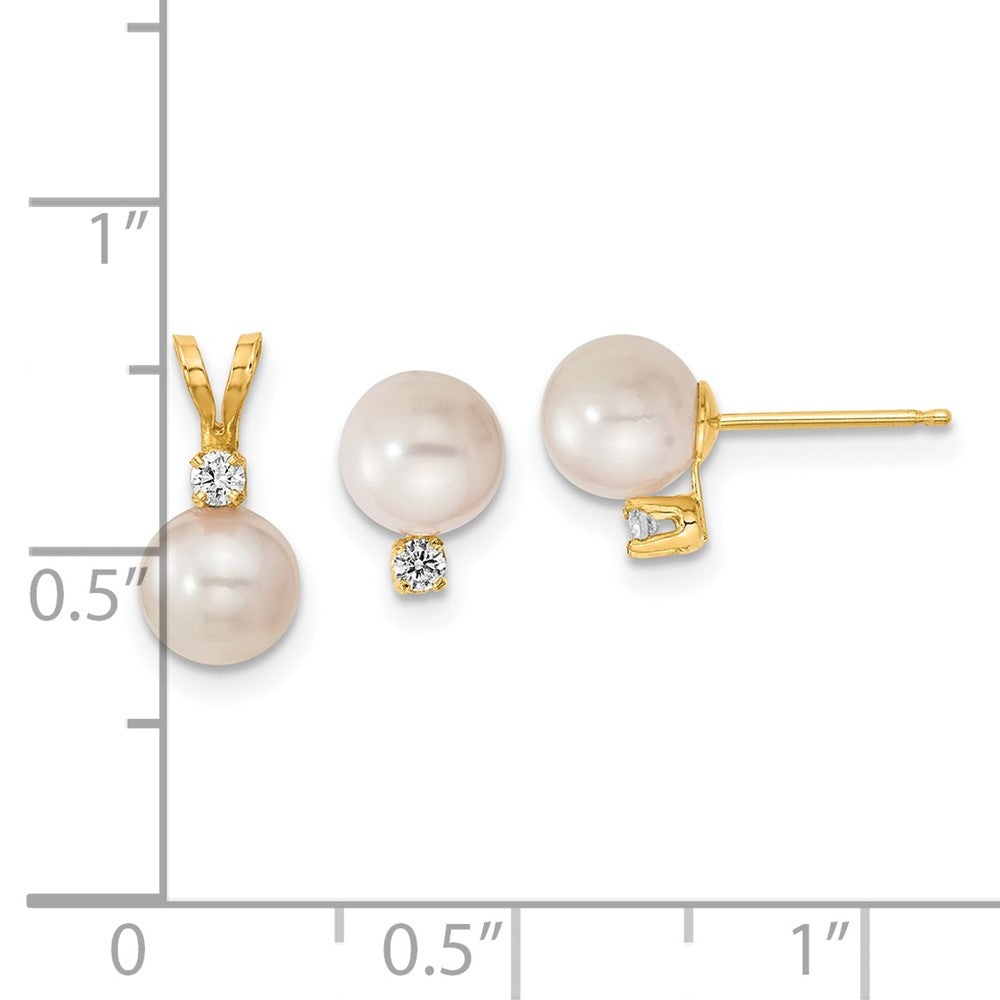 Set aus 14K Gelbgold Ohrringen und Anhänger mit 6-7-mm-Akoya-Zuchtperlen aus Salzwasser und Diamanten