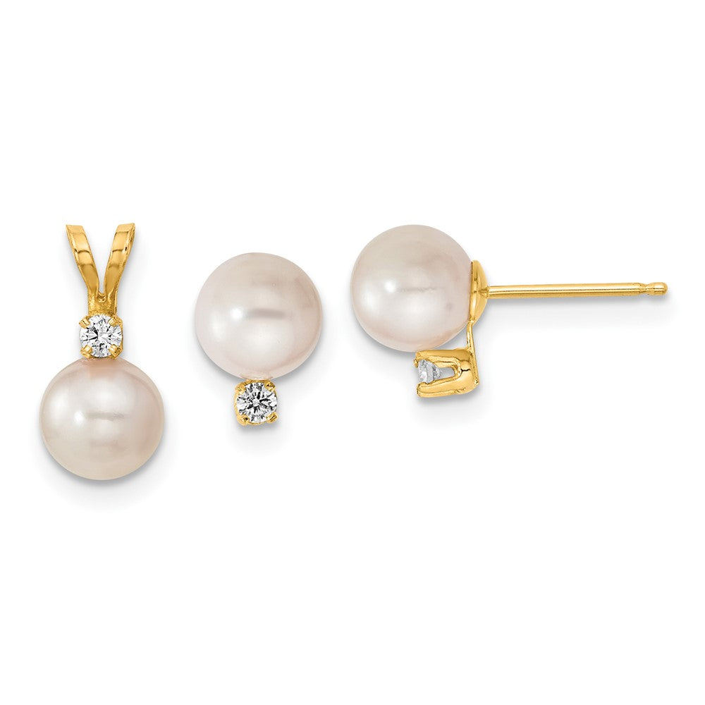 Set aus 14K Gelbgold Ohrringen und Anhänger mit 6-7-mm-Akoya-Zuchtperlen aus Salzwasser und Diamanten