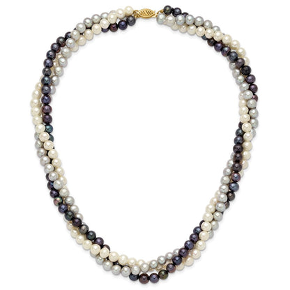 14K Gelbgold 6-7mm Mehrfarbig Süßwasser Zuchtperle 3-strand Halskette