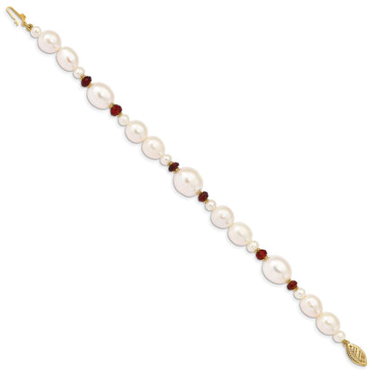 14K Gelbgold 6 7mm Weiß Halb Rund und Rice Süßwasser Zuchtperle Granat Perlen 7.25 Zoll Armband