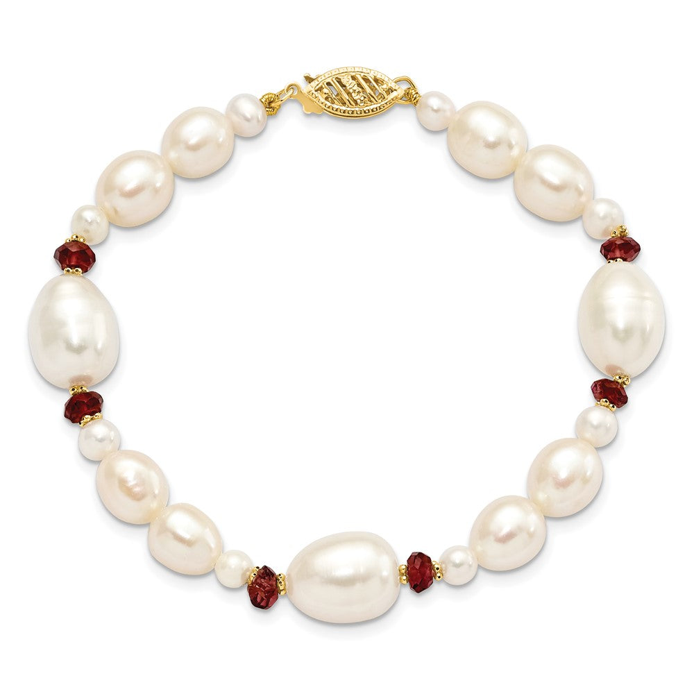 14K Gelbgold 6 7mm Weiß Halb Rund und Rice Süßwasser Zuchtperle Granat Perlen 7.25 Zoll Armband