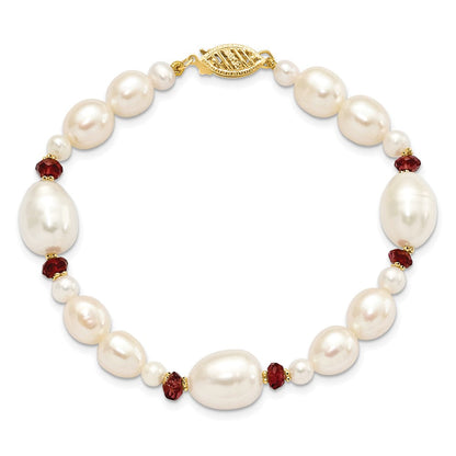 14K Gelbgold 6 7mm Weiß Halb Rund und Rice Süßwasser Zuchtperle Granat Perlen 7.25 Zoll Armband