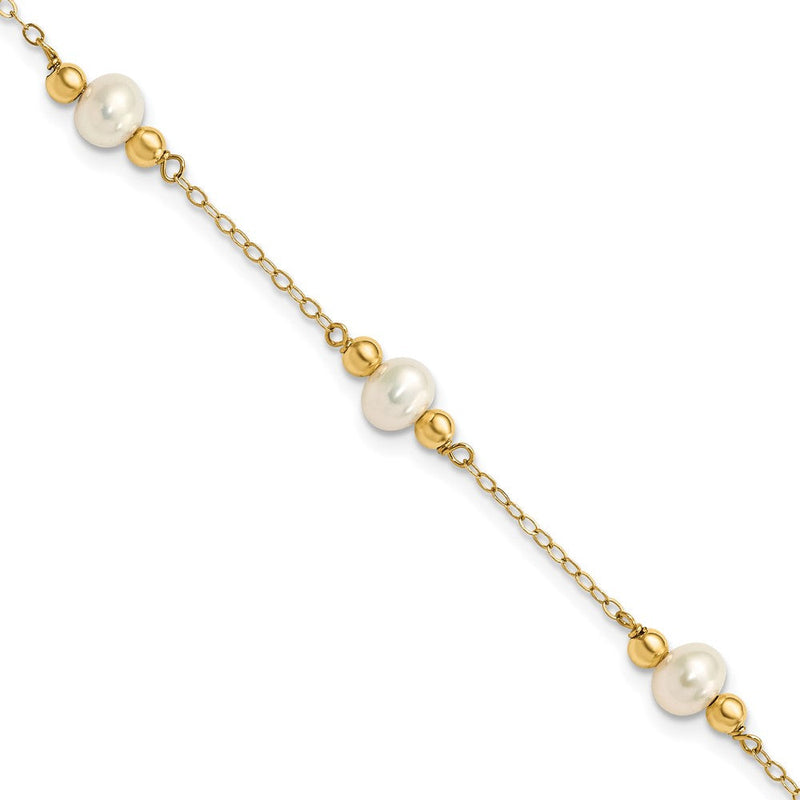 14K Gelbgold 5 6mm Weiß Nahe Rund Süßwasser Zuchtperle Gekugelt Station 7.5 Zoll Armband
