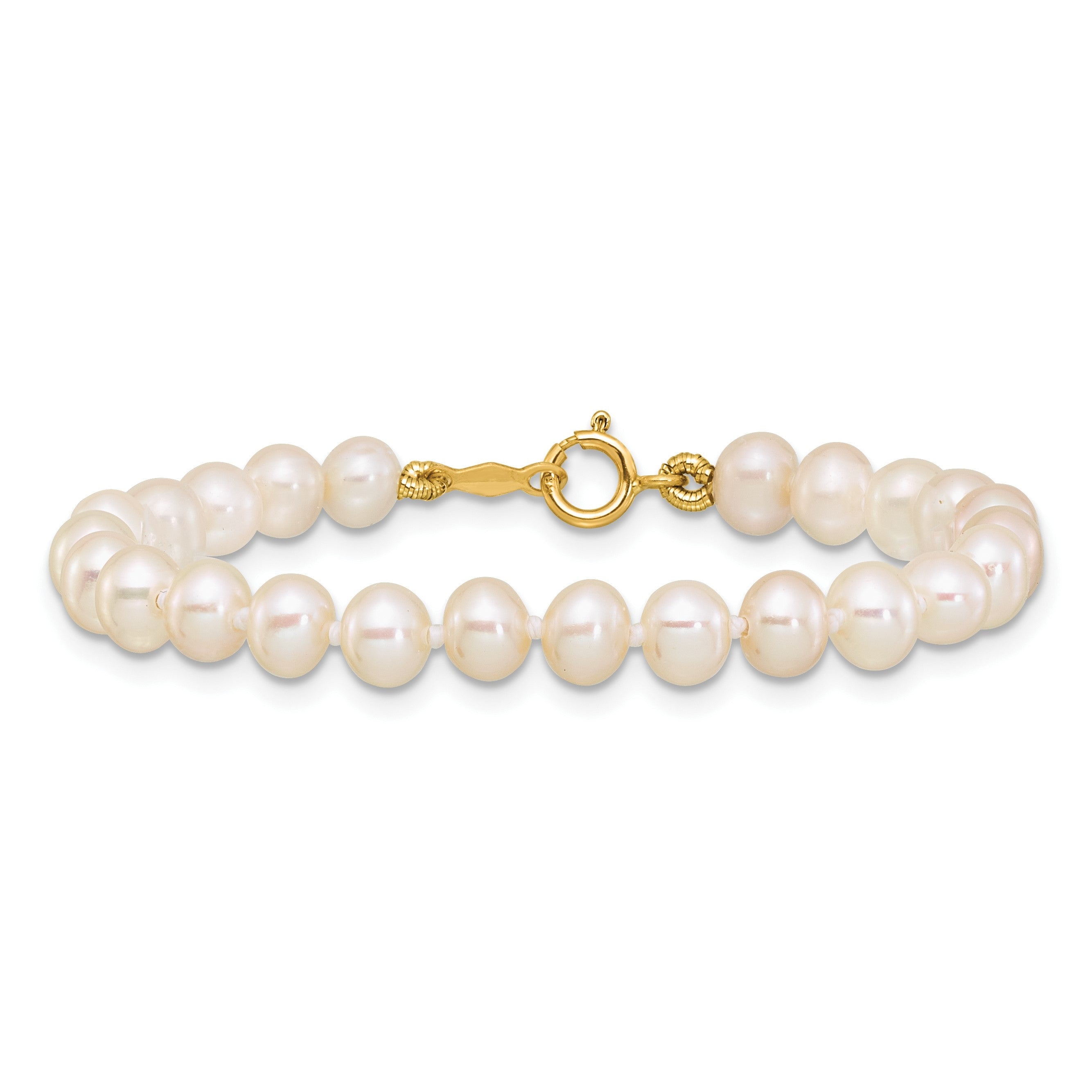 14K Gelbgold 4 5mm Weiß Halb Rund Süßwasser Zuchtperle 5 Zoll Armband
