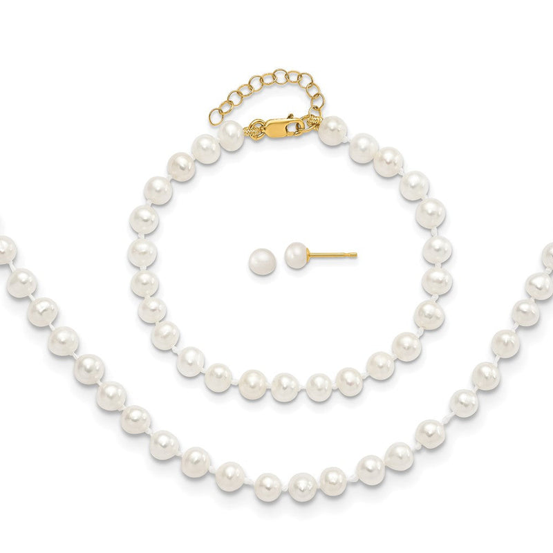 14K Gelbgold 4-5mm Süßwasser Zuchtperle 5 mit 1 Verlängerung Armband 14 mit 1 Verlängerung Neck Ohrring Set