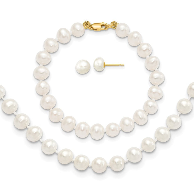 14K Gelbgold 5-6mm Süßwasser Zuchtperle 5 Zoll Armband, 14 Zoll Halskette & Ohrring Set