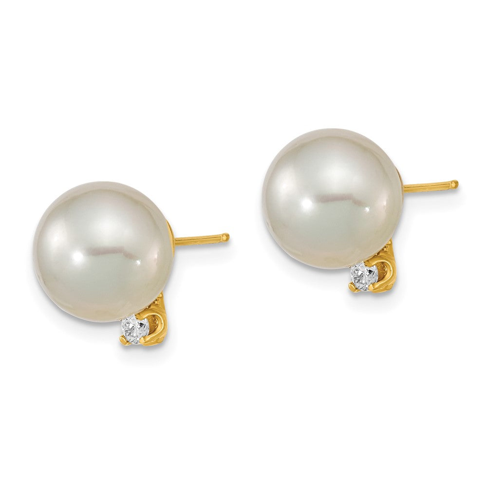 14K Ohrringe mit weißen Südsee-Zuchtperlen (9-10 mm) und 0,10 ct. Diamanten