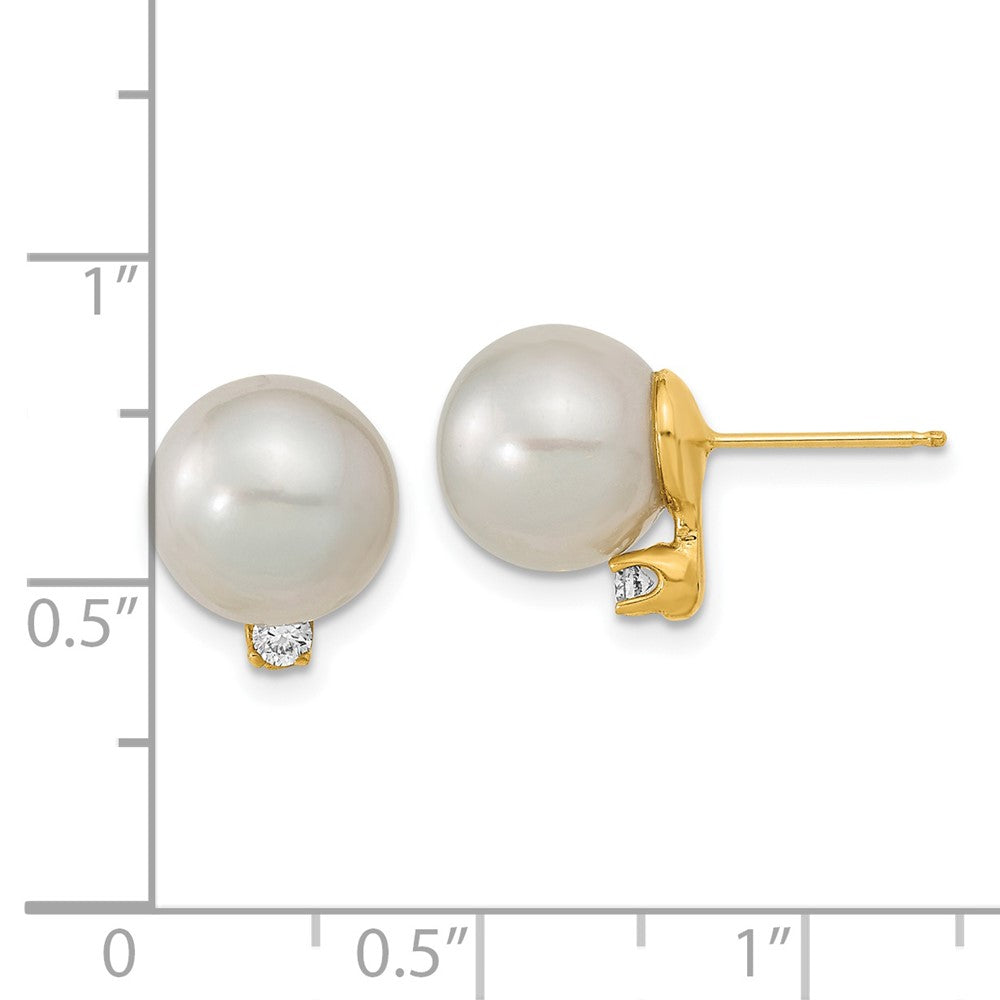 14K Ohrringe mit weißen Südsee-Zuchtperlen (9-10 mm) und 0,10 ct. Diamanten