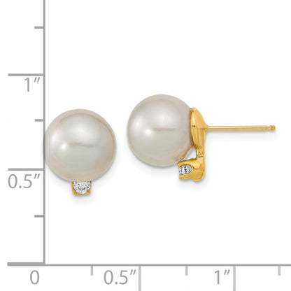 14K Ohrringe mit weißen Südsee-Zuchtperlen (9-10 mm) und 0,10 ct. Diamanten