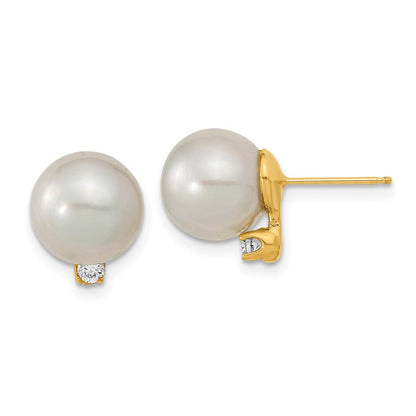 14K Ohrringe mit weißen Südsee-Zuchtperlen (9-10 mm) und 0,10 ct. Diamanten