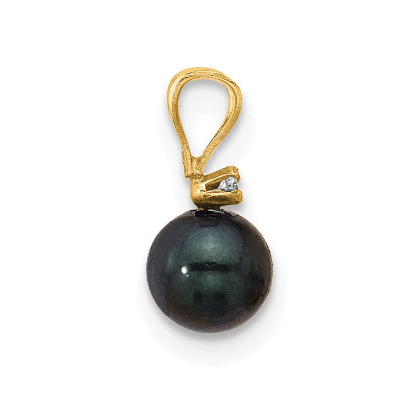 14K Gelbgold 14K 5-6mm Schwarz Rund Akoya Salzwasser Zuchtperle Und.01 Karat Diamant Anhänger