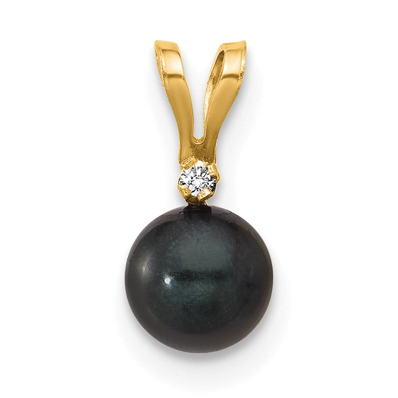 14K Gelbgold 14K 5-6mm Schwarz Rund Akoya Salzwasser Zuchtperle Und.01 Karat Diamant Anhänger