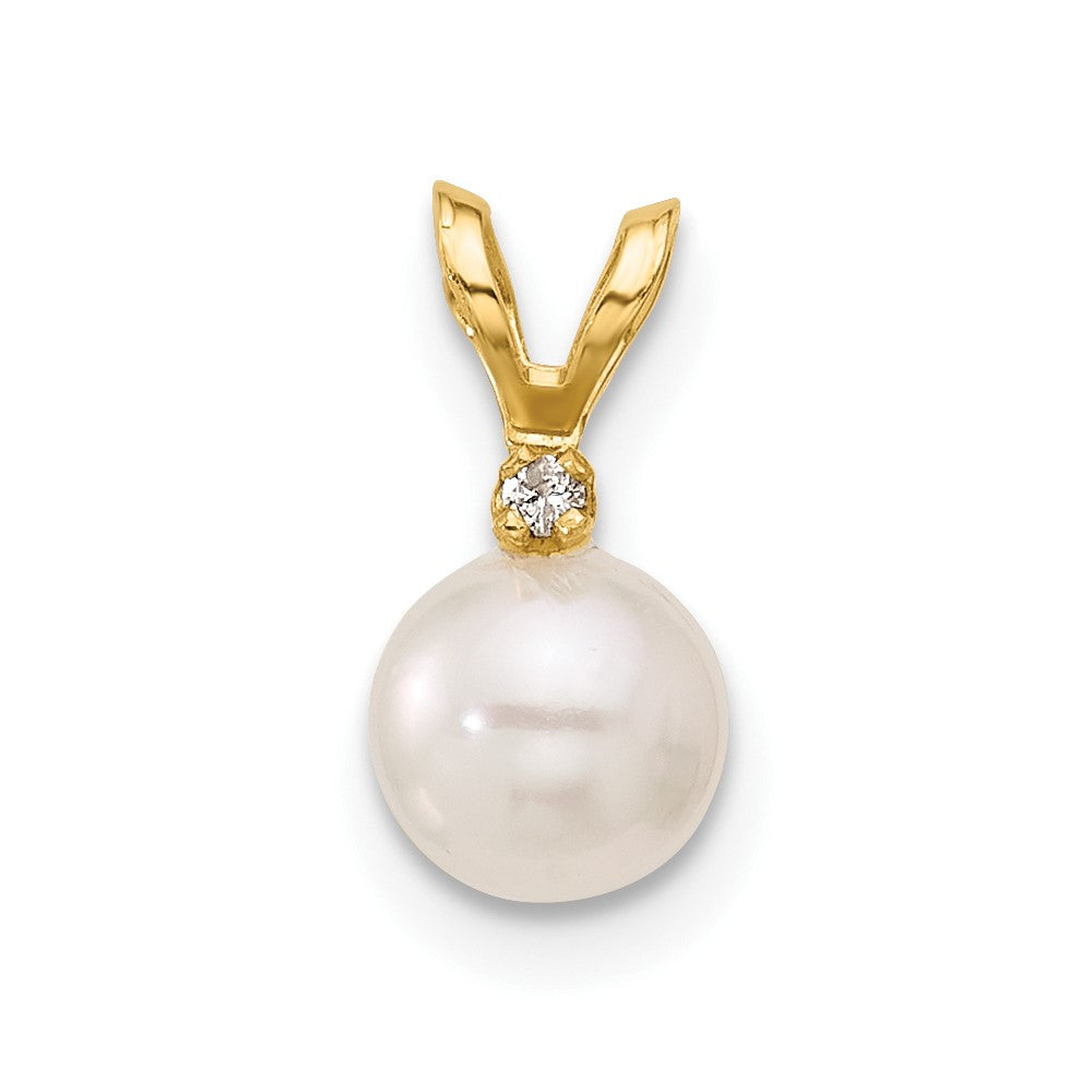 14K Gelbgold Anhänger mit 5-6 mm runder weißer Saltwater-Akoya-Zuchtperle und Diamant