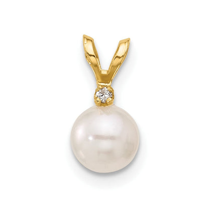 14K Gelbgold Anhänger mit 5-6 mm runder weißer Saltwater-Akoya-Zuchtperle und Diamant