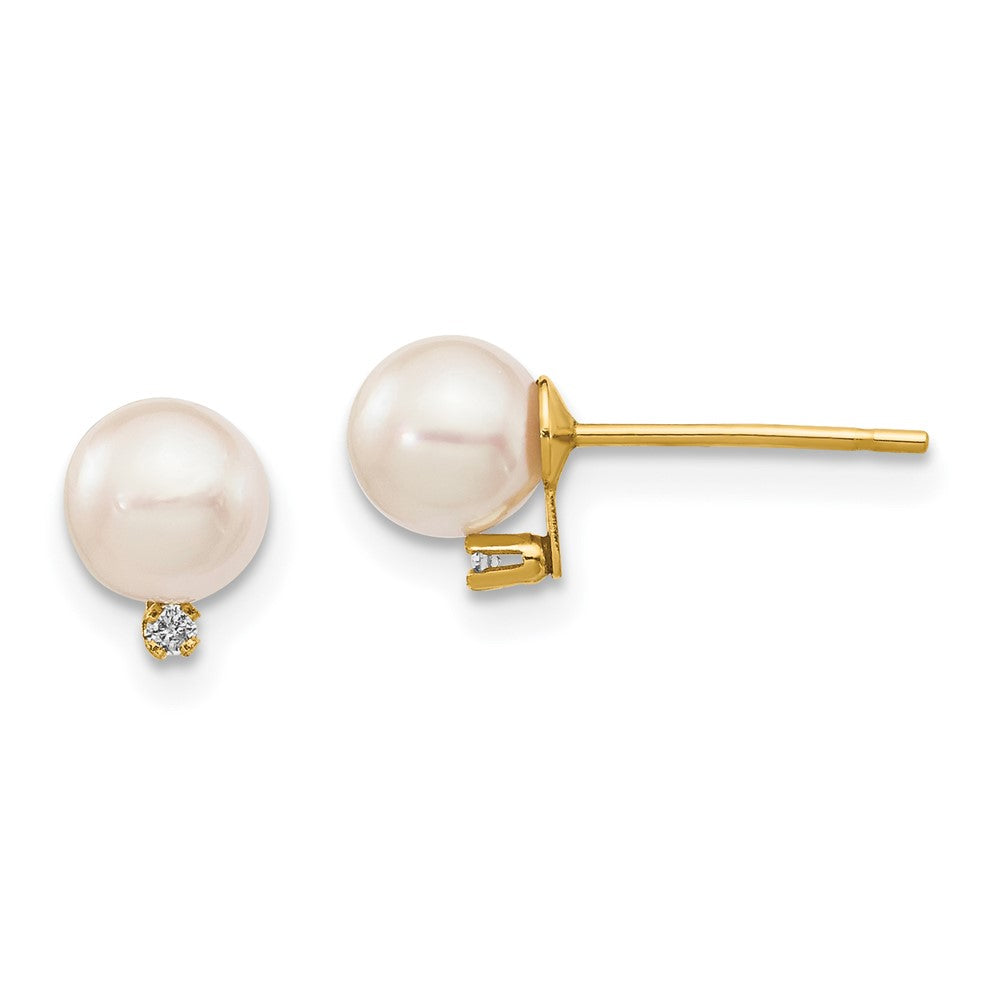 14K Ohrstecker mit weißen runden 5-6 mm Akoya-Salzwasserzuchtperlen und Diamanten