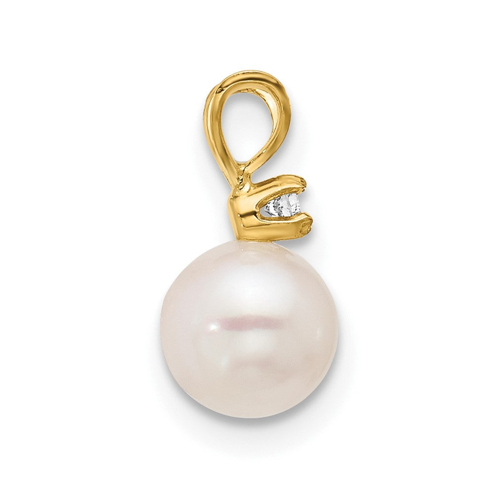 14K Anhänger mit runder weißer Akoya-Zuchtperle aus Salzwasser 6-7 mm und Diamant
