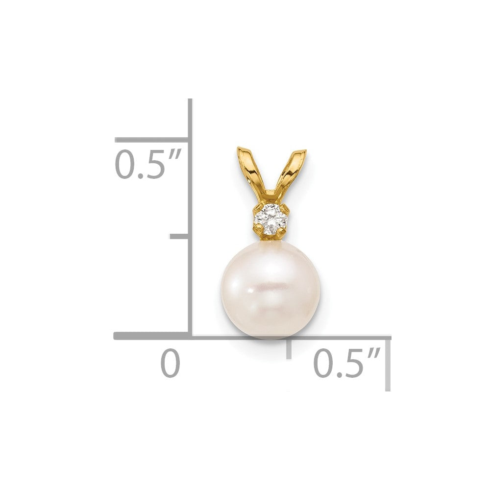 14K Anhänger mit runder weißer Akoya-Zuchtperle aus Salzwasser 6-7 mm und Diamant