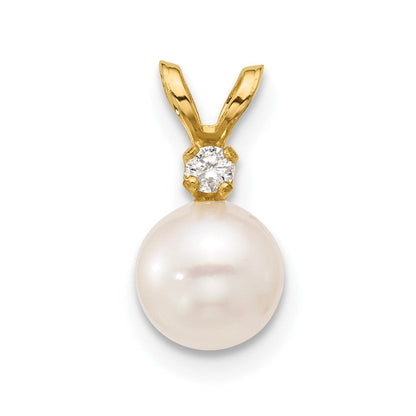 14K Anhänger mit runder weißer Akoya-Zuchtperle aus Salzwasser 6-7 mm und Diamant