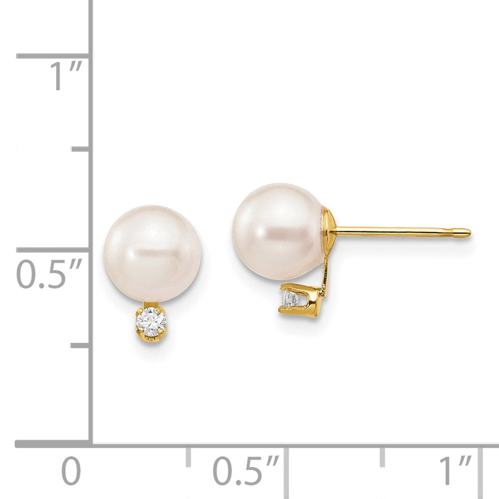 14K Gelbgold Ohrstecker mit 6-7 mm weißen runden Akoya-Zuchtperlen aus Salzwasser und Diamanten