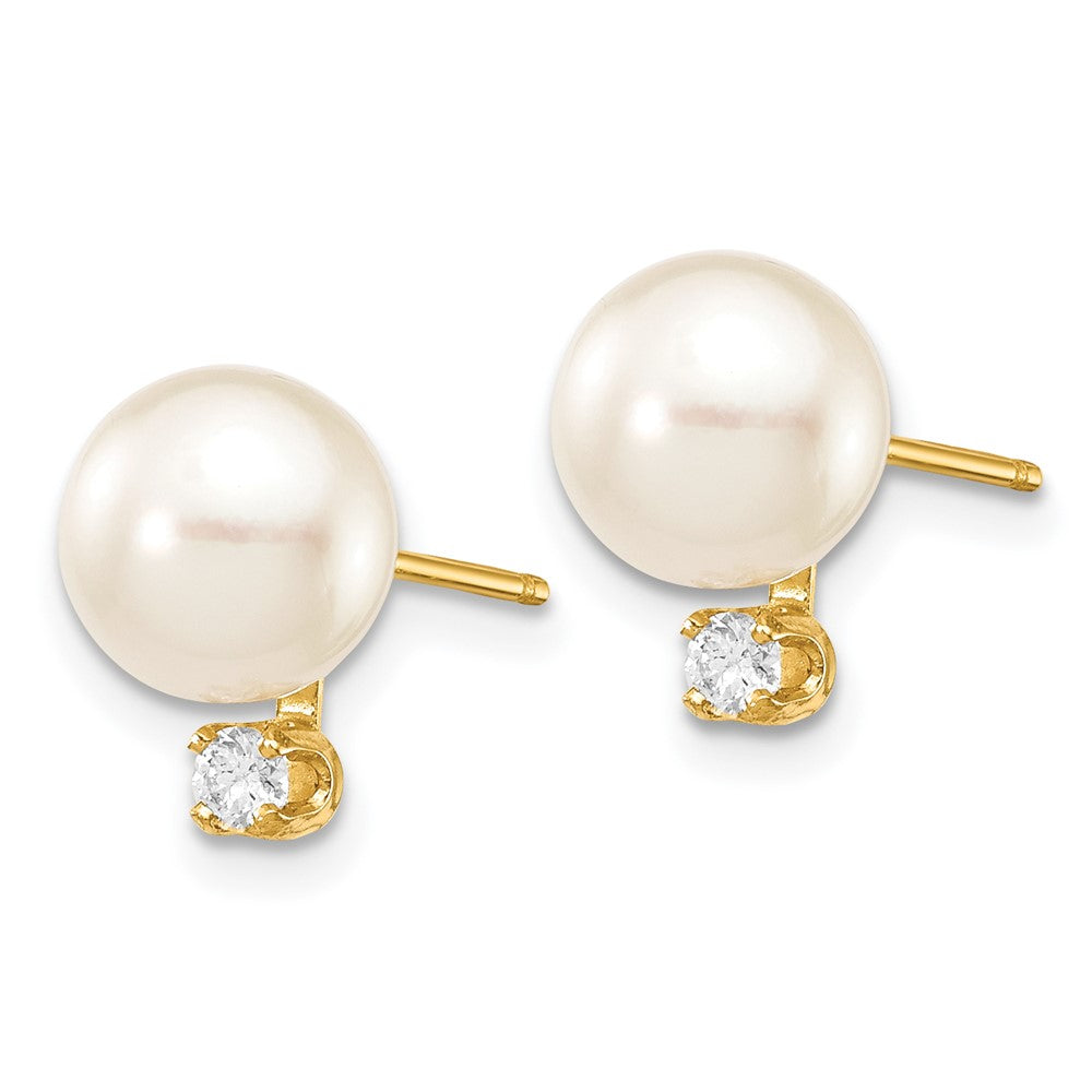 14K Gelbgold 7-8 mm runde Salzwasser-Akoya-Zuchtperlen-Ohrstecker mit Diamant
