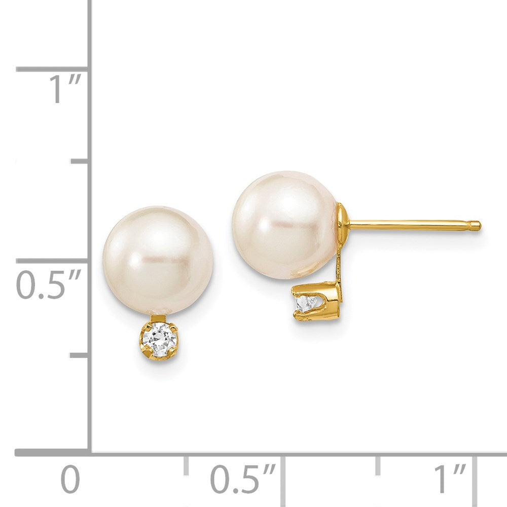 14K Gelbgold 7-8 mm runde Salzwasser-Akoya-Zuchtperlen-Ohrstecker mit Diamant