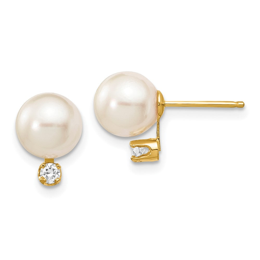 14K Gelbgold 7-8 mm runde Salzwasser-Akoya-Zuchtperlen-Ohrstecker mit Diamant