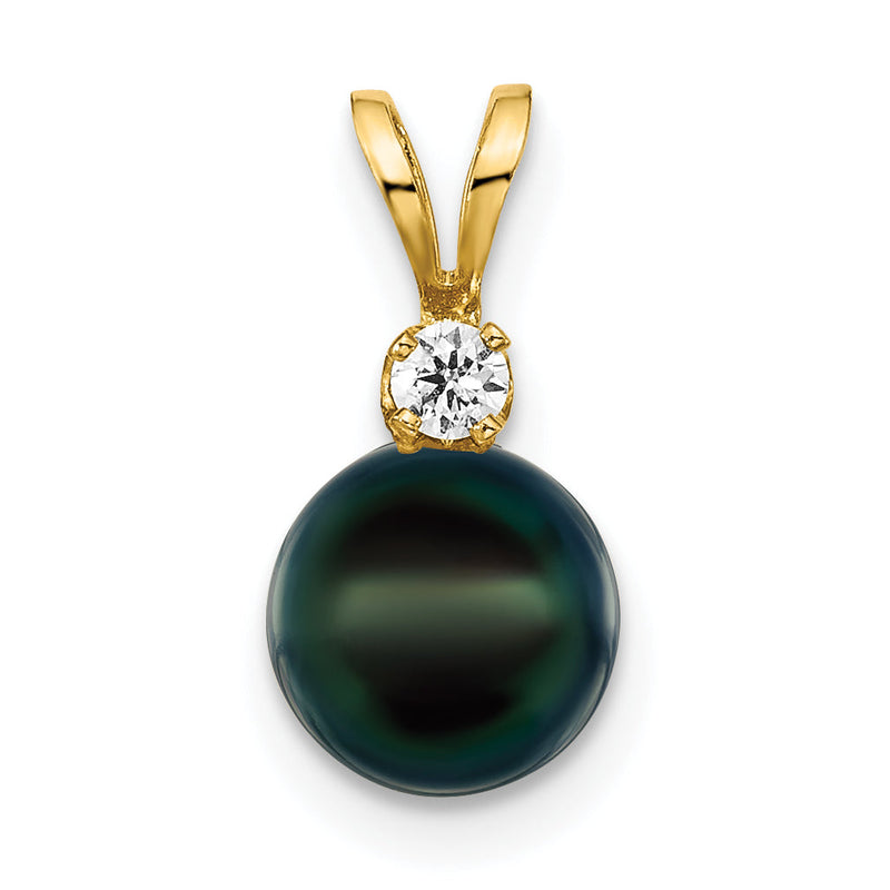 14K Gelbgold 14K 7-8mm Schwarz Rund Akoya Salzwasser Zuchtperle und 1/20 Karat Diamant Anhänger