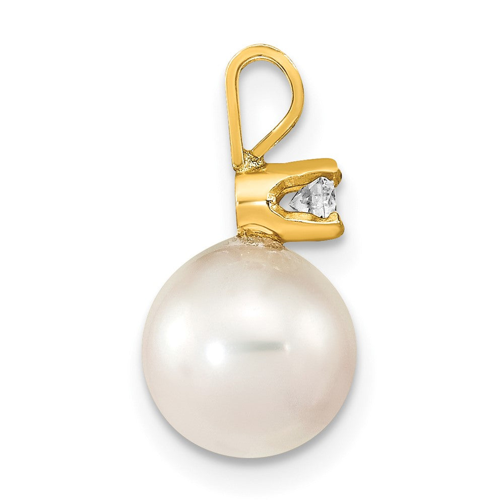 14K Gelbgold Anhänger mit runder weißer Akoya-Zuchtperle aus Salzwasser 8-9 mm und Diamant