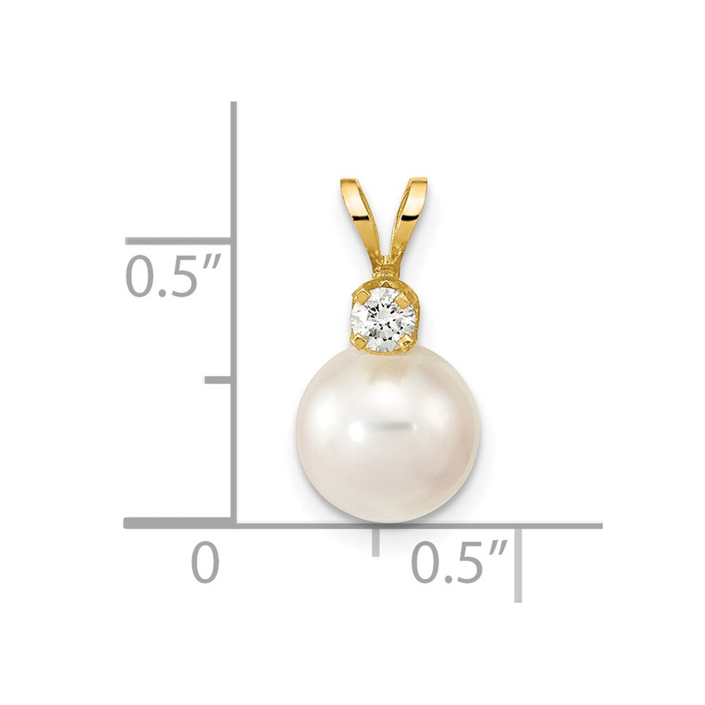 14K Gelbgold Anhänger mit runder weißer Akoya-Zuchtperle aus Salzwasser 8-9 mm und Diamant