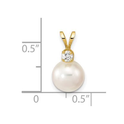 14K Gelbgold Anhänger mit runder weißer Akoya-Zuchtperle aus Salzwasser 8-9 mm und Diamant