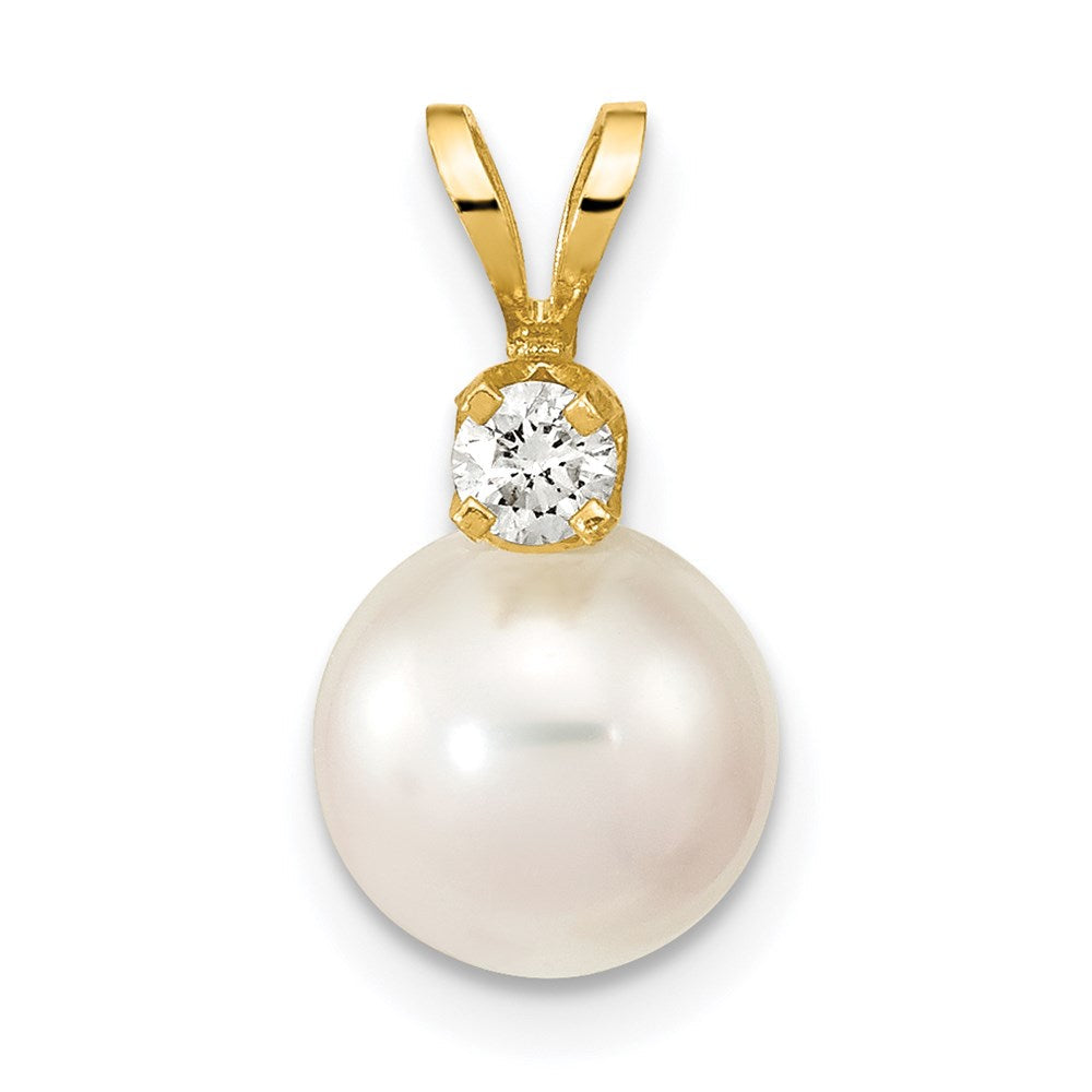14K Gelbgold Anhänger mit runder weißer Akoya-Zuchtperle aus Salzwasser 8-9 mm und Diamant