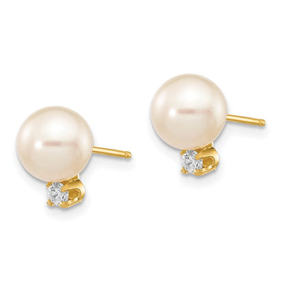 14K Ohrstecker mit weißen runden Süßwasser-Zuchtperlen (7-8 mm) und 0,10 ct. Diamanten