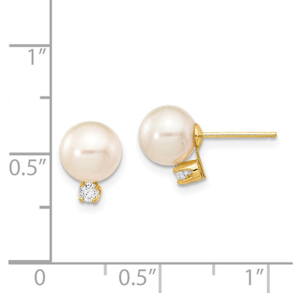 14K Ohrstecker mit weißen runden Süßwasser-Zuchtperlen (7-8 mm) und 0,10 ct. Diamanten