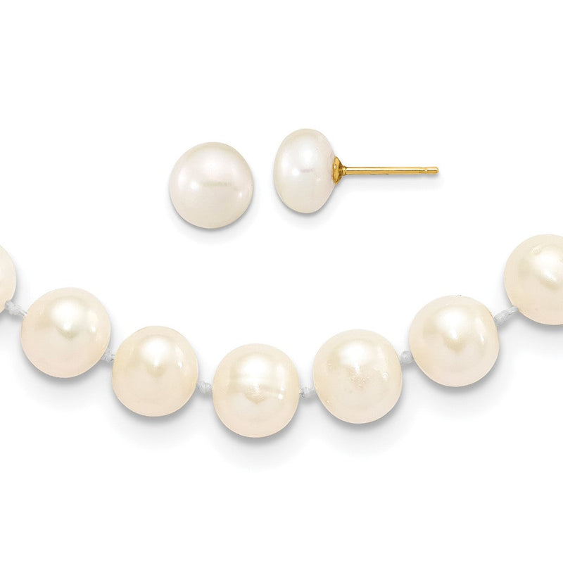 14K Gelbgold 7-8mm Nahe Rund Weiß Fwc Perle Halskette & Knopf Ohrring Set